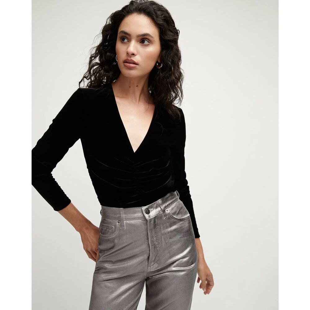 Veronica Beard Black Velvet V-Neck Long Sleeve Top